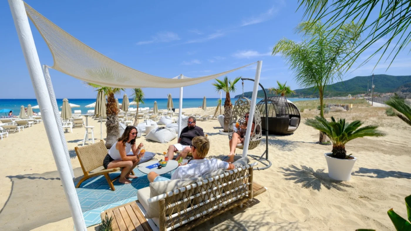 Beach sunbeds and umbrellas